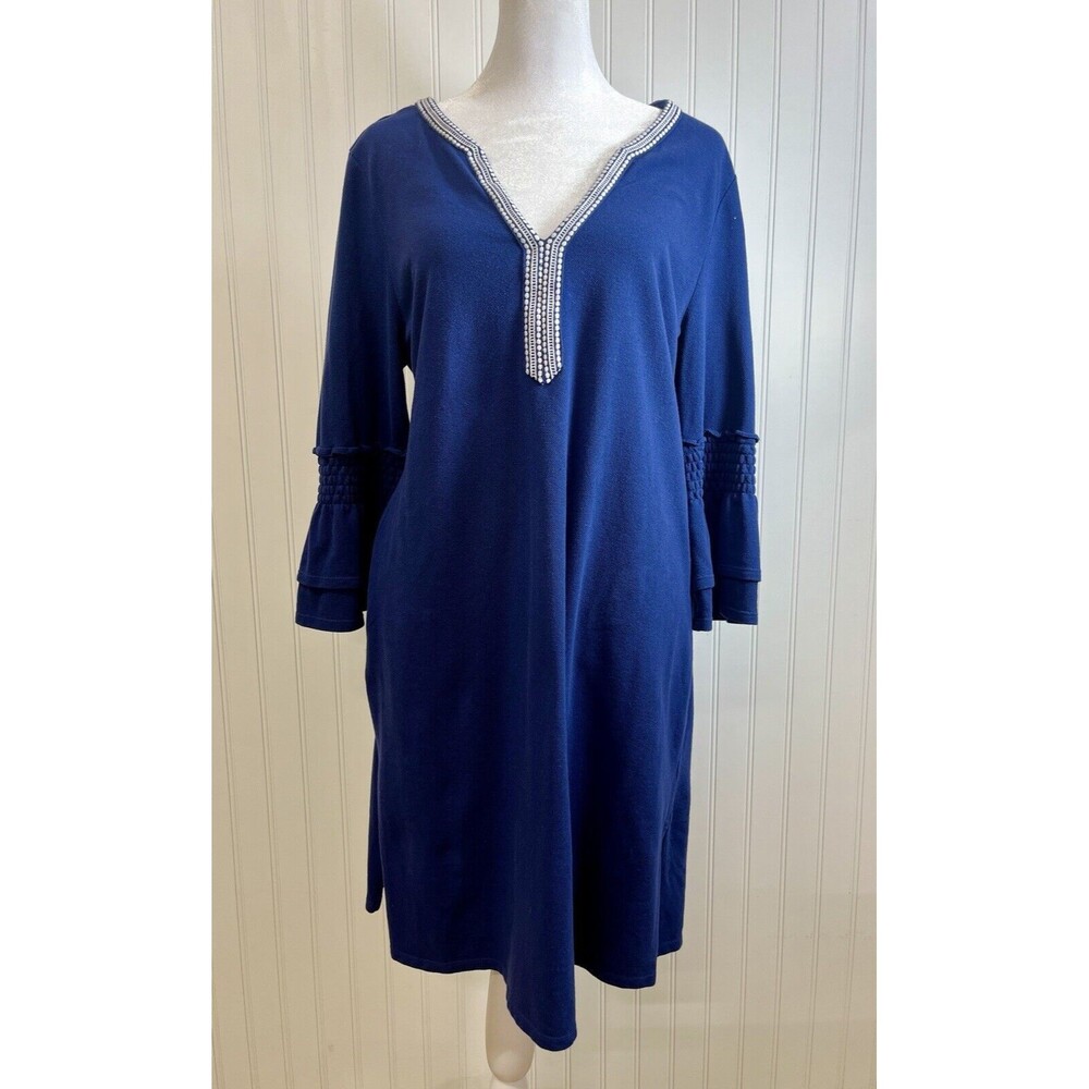 Talbots Navy Bell sleeve‎ dress.  White V neck trim Size M. Comfort fit.